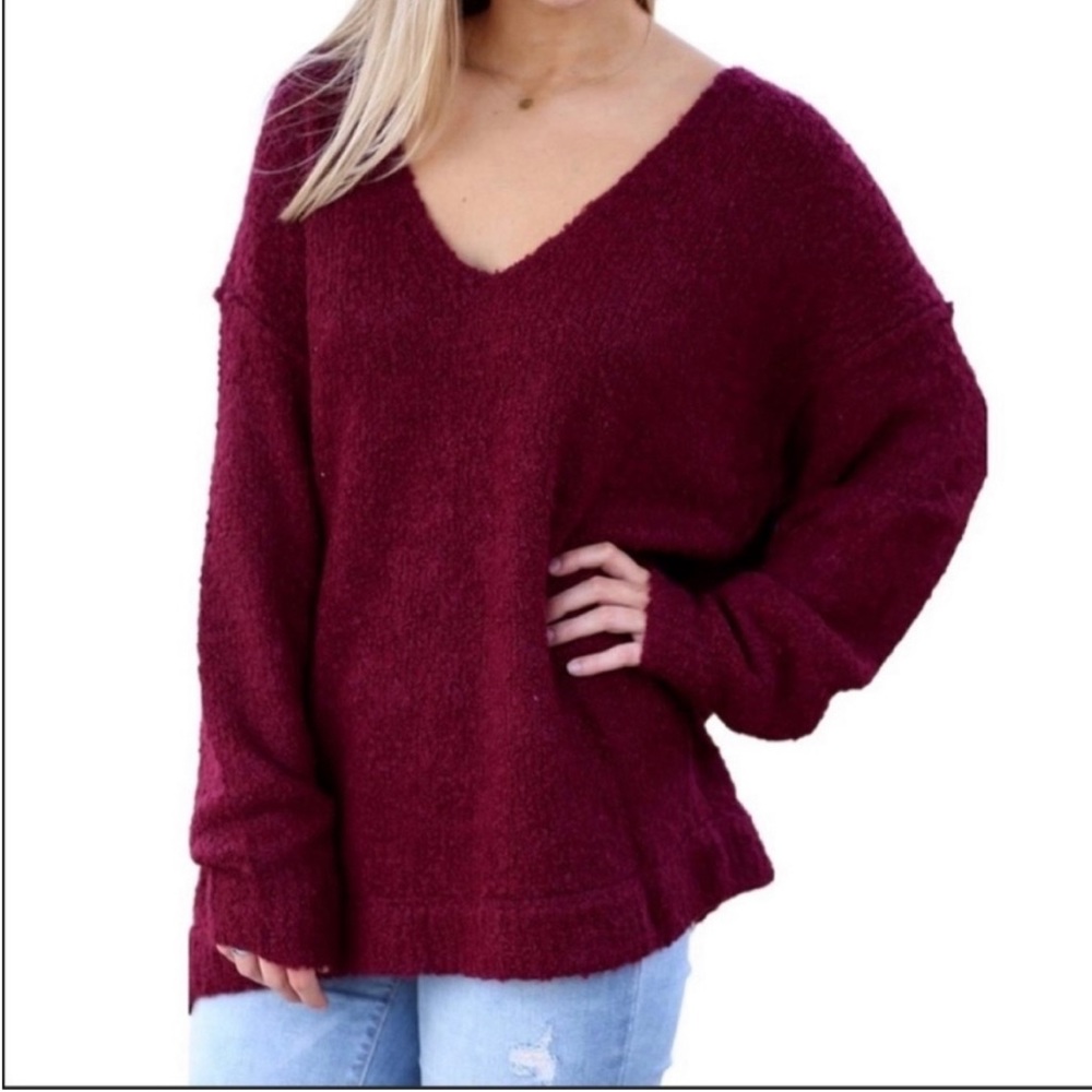 Free People Lofty Long Sleeve V-Neck Pullover Sweater Red Alpaca Medium Medium